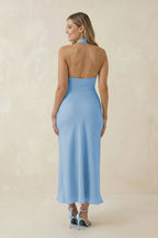 Robe demoiselle d’honneur bleu ciel longue dos nu sans manches satinée - Harana