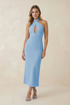 Robe demoiselle d’honneur bleu ciel longue dos nu sans manches satinée - Harana