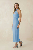 Robe demoiselle d’honneur bleu ciel longue dos nu sans manches satinée - Harana