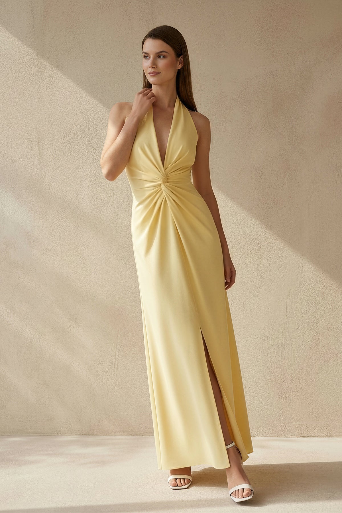 Robe longue jaune dos nu avec fente - Harana