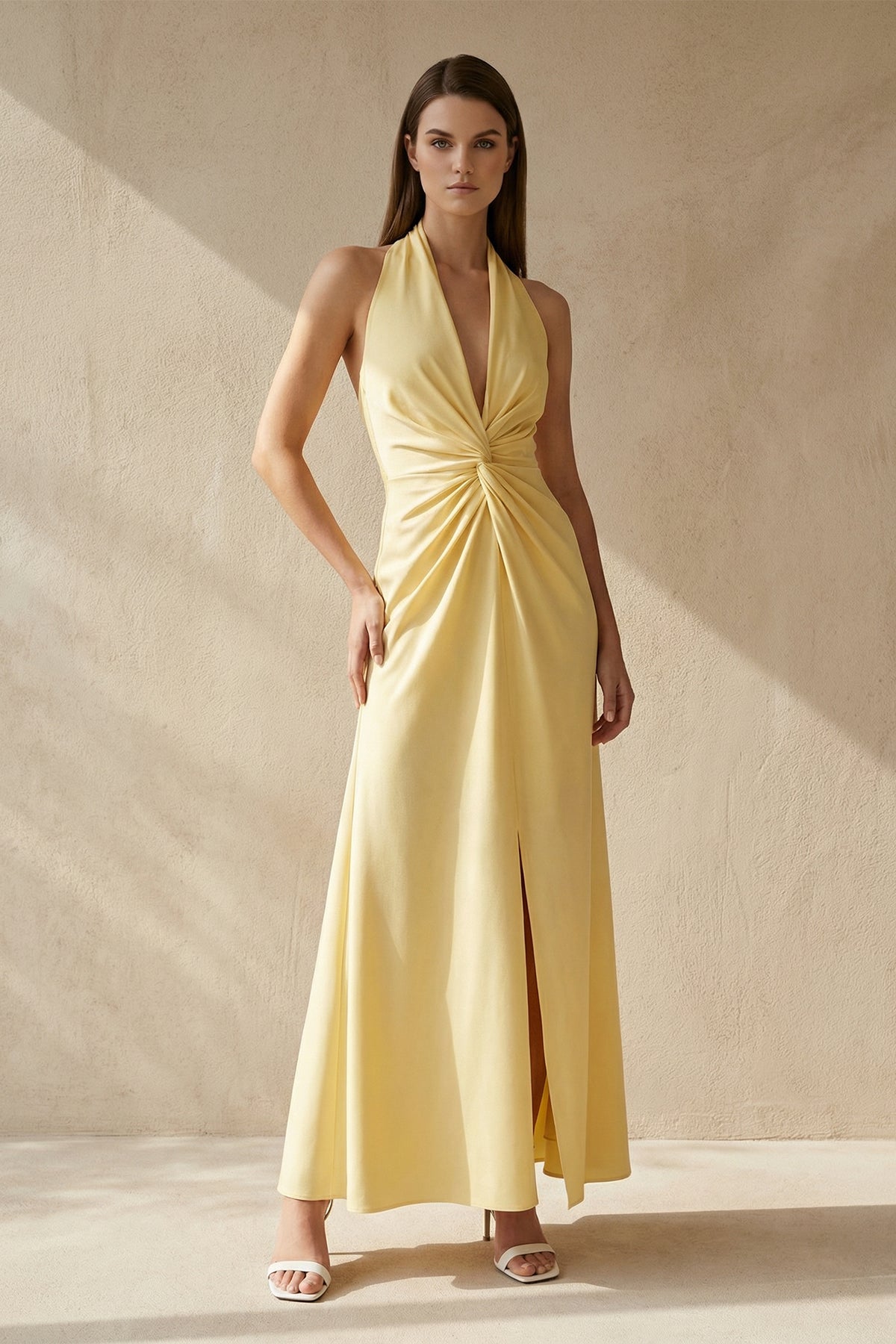 Robe longue jaune dos nu avec fente - Harana