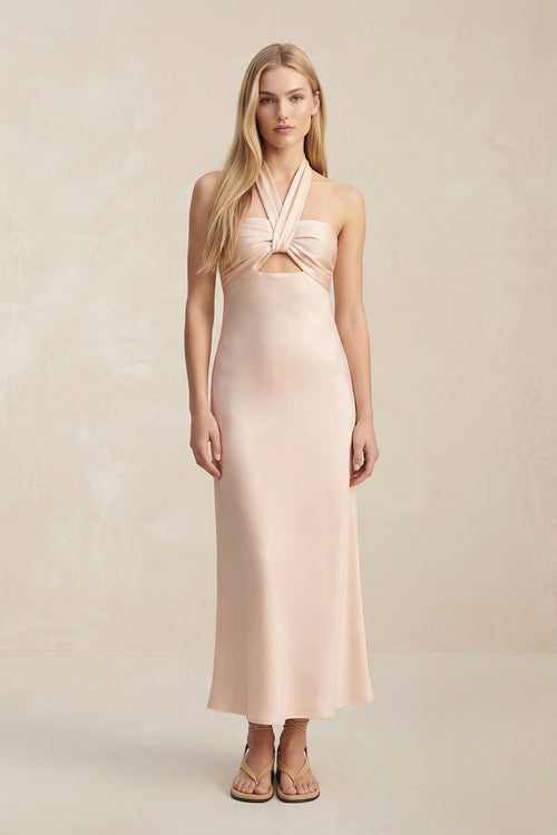 Robe de demoiselle d’honneur crème midi coupe fourreau à col licou avec ouverture goutte d’eau - Harana
