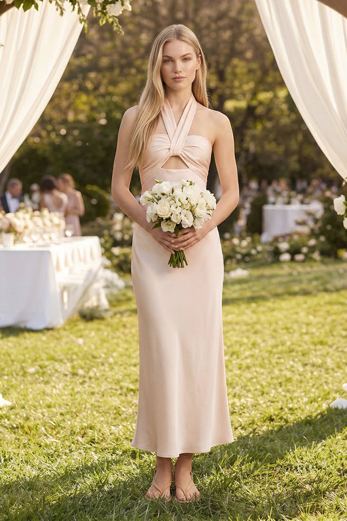 Robe demoiselle d’honneur buttercream midi dos nu sans manches satinée - Harana