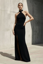 Robe longue noir dos nu avec fente - Harana