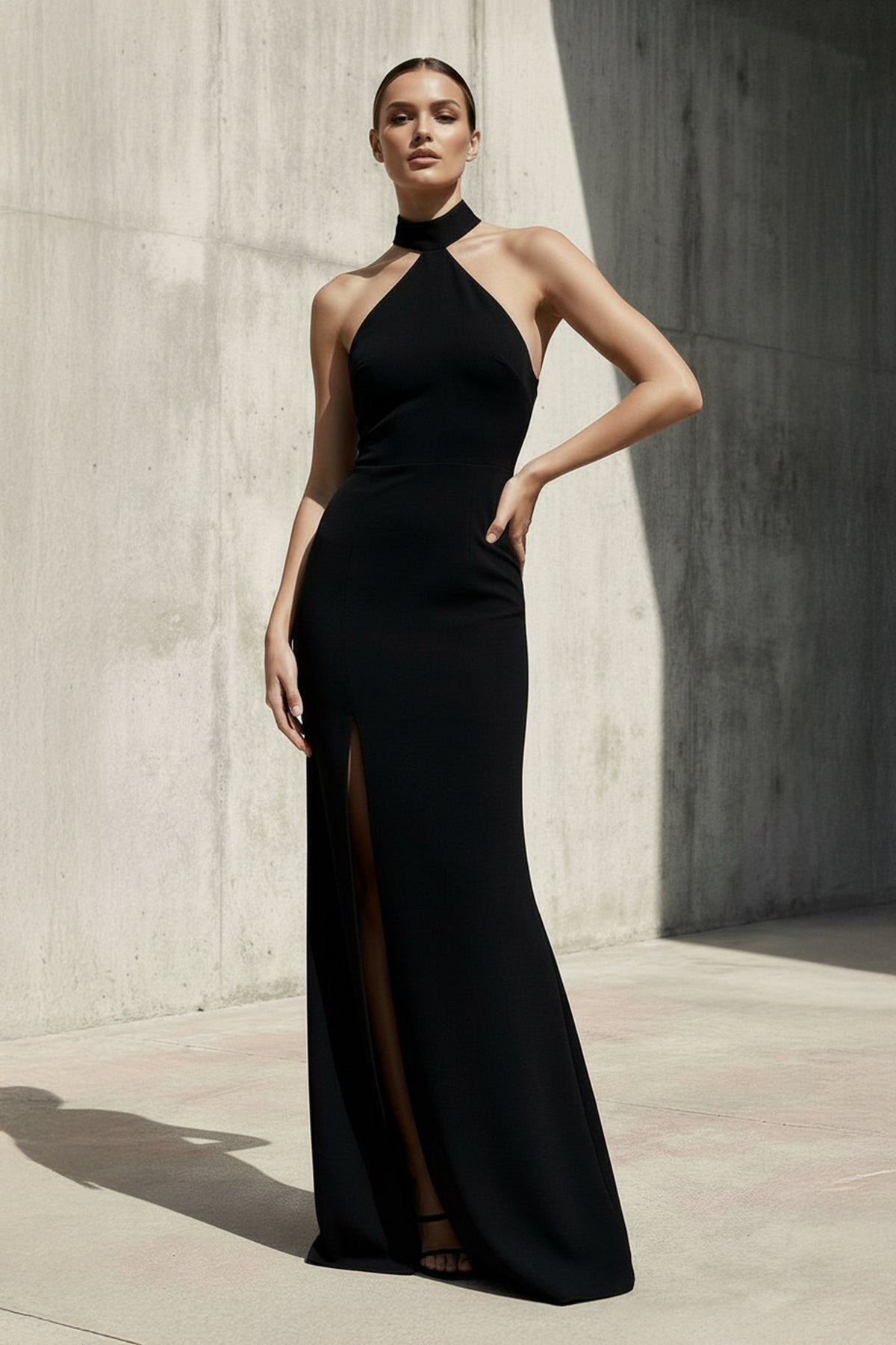Robe longue noir dos nu avec fente - Harana