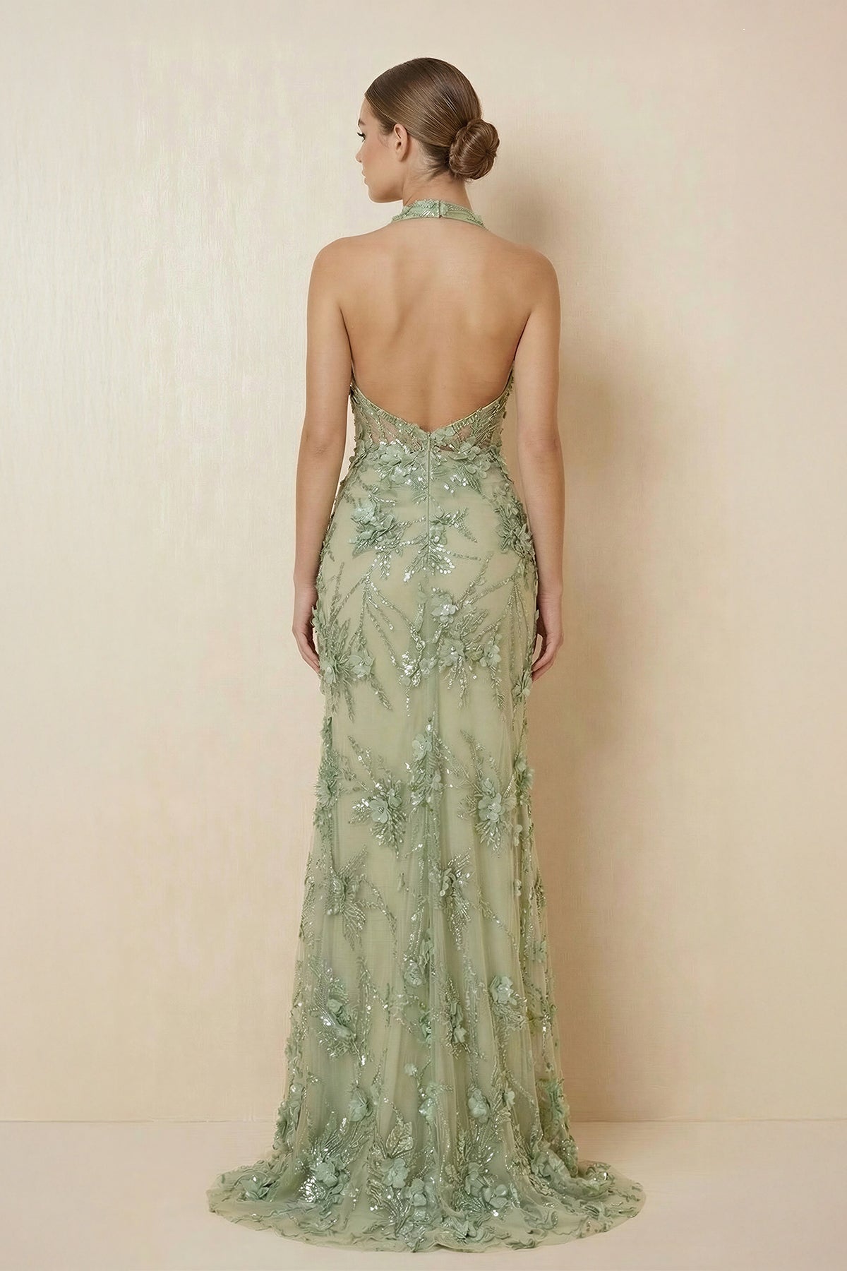 Robe longue vert sauge coupe sirène dos nu - Harana