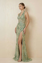 Robe longue vert sauge coupe sirène dos nu - Harana