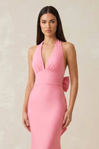 Robe longue rose coupe sirène dos nu avec nœud - Harana