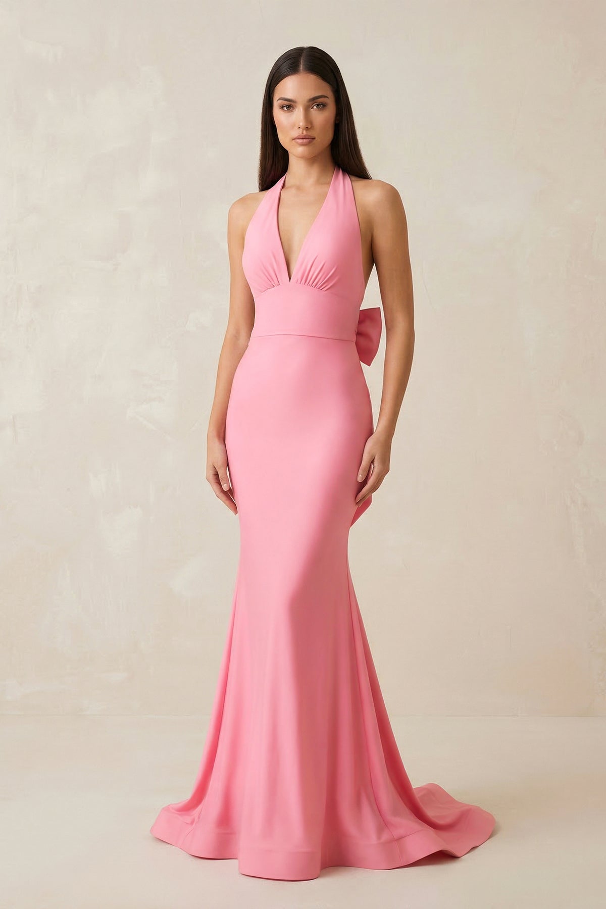 Robe longue rose coupe sirène dos nu avec nœud - Harana