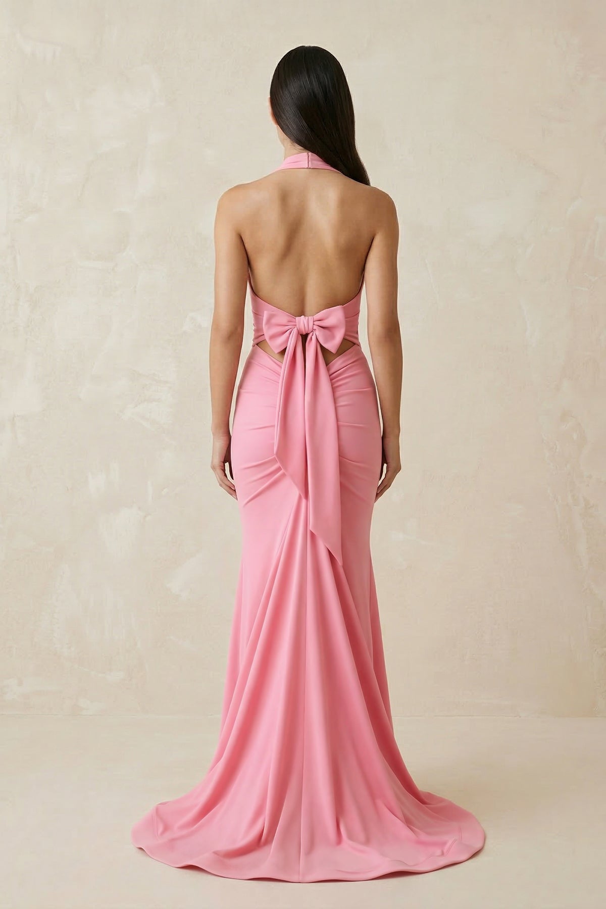 Robe longue rose coupe sirène dos nu avec nœud - Harana