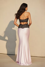 Robe longue black & pink en dentelle coupe sirène dos nu - Harana