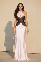 Robe longue black & pink en dentelle coupe sirène dos nu - Harana