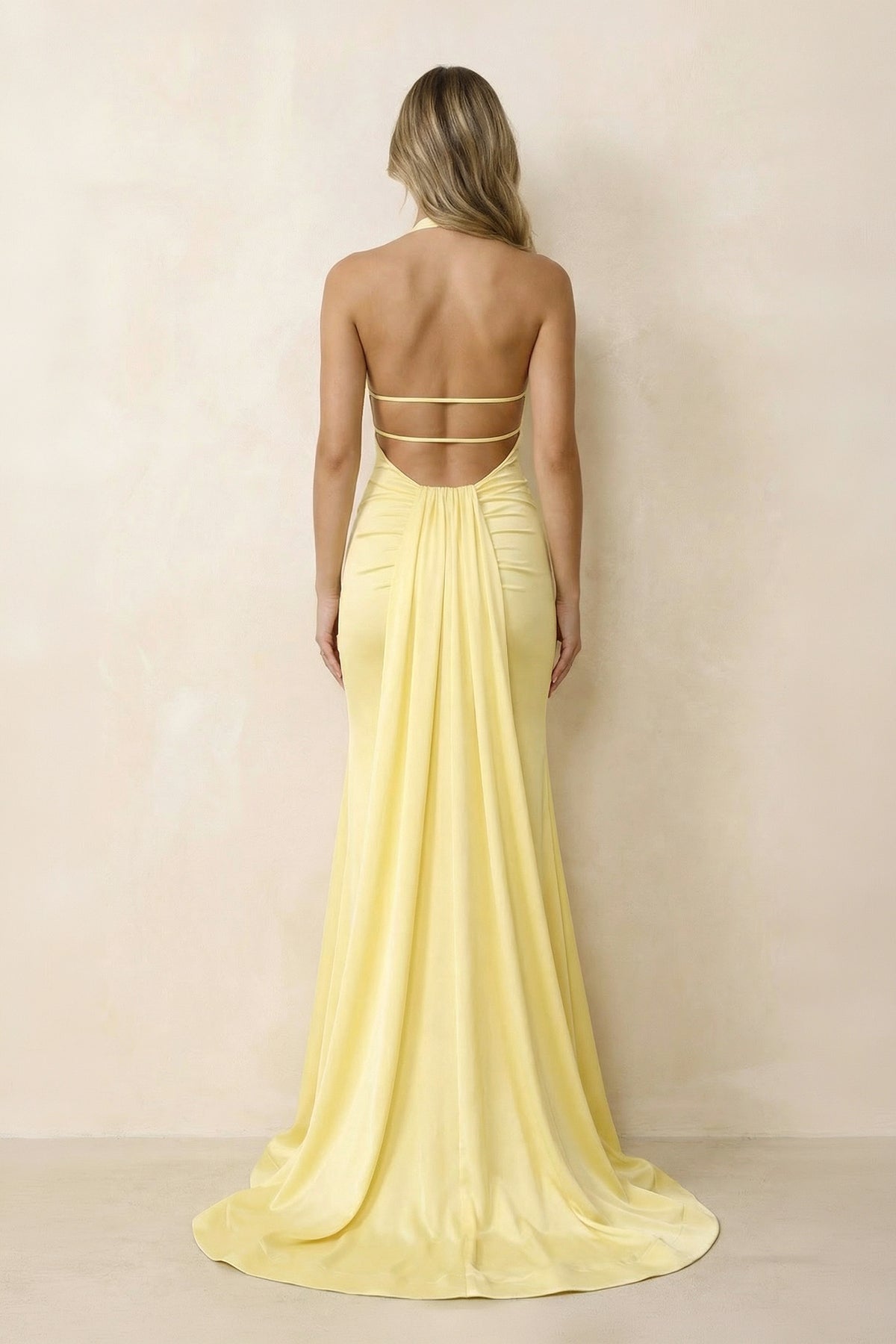Robe longue jaune coupe sirène dos nu avec fente - Harana