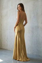 Robe longue doré métallisée dos nu avec fente - Harana