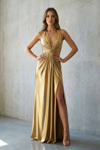 Robe longue doré métallisée dos nu avec fente - Harana