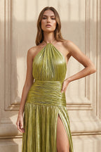 Robe longue olive métallisée dos nu plissée - Harana