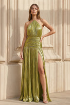Robe longue olive métallisée dos nu plissée - Harana