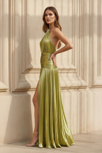 Robe longue olive métallisée dos nu plissée - Harana