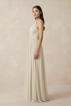 Robe demoiselle d’honneur champagne longue dos nu sans manches plissée - Harana