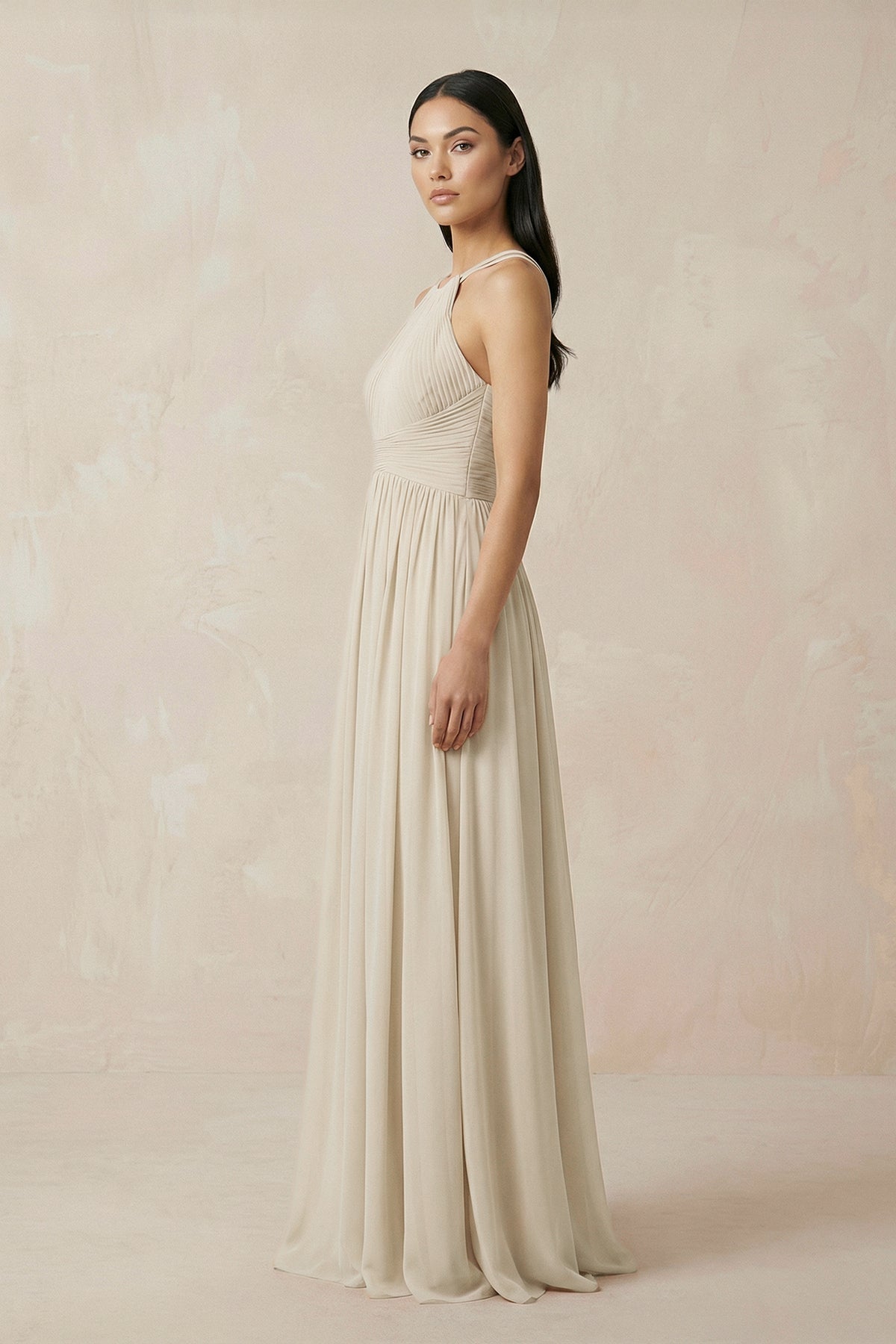 Robe demoiselle d’honneur champagne longue dos nu sans manches plissée - Harana