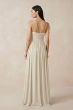 Robe demoiselle d’honneur champagne longue dos nu sans manches plissée - Harana