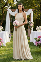 Robe demoiselle d’honneur champagne longue dos nu sans manches plissée - Harana