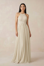 Robe demoiselle d’honneur champagne longue dos nu sans manches plissée - Harana