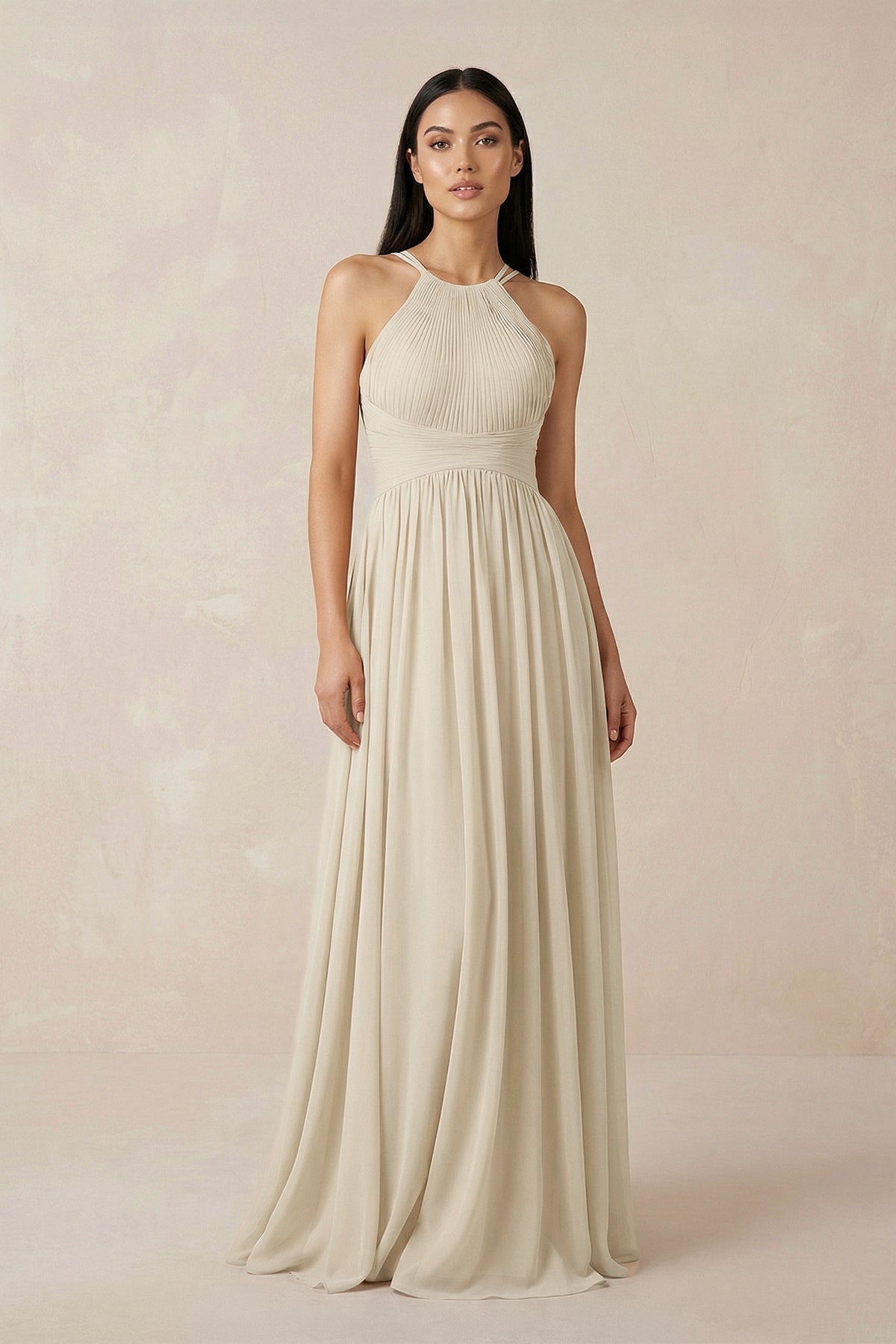 Robe demoiselle d’honneur champagne longue dos nu sans manches plissée - Harana