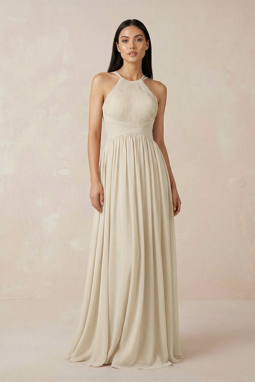 Robe de demoiselle d’honneur champagne longue en mousseline coupe trapèze à col licou - Harana