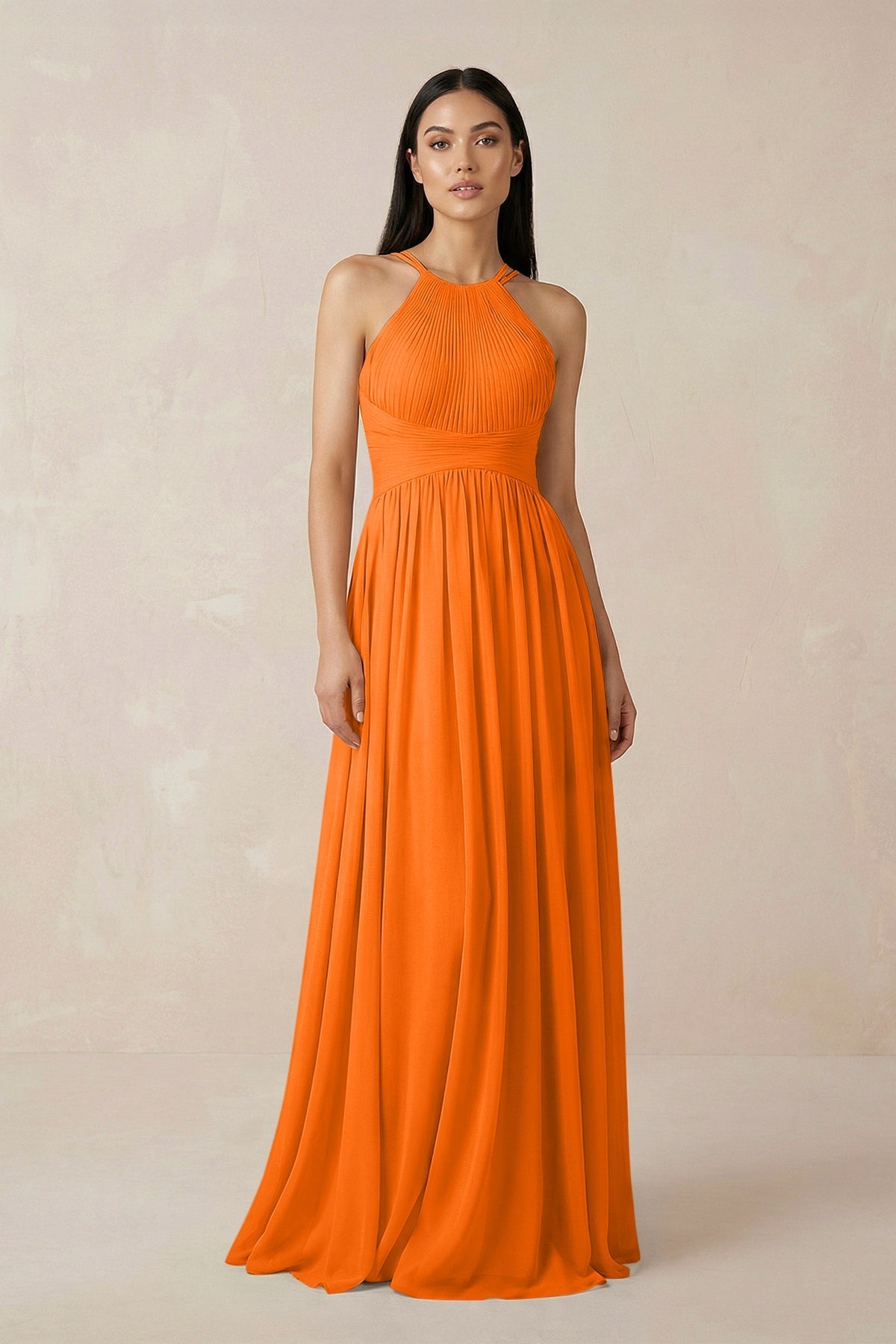 Robe longue orange en mousseline coupe trapèze col halter - Harana