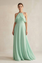 Robe demoiselle d’honneur pale pistachio longue dos nu sans manches effet drapé - Harana
