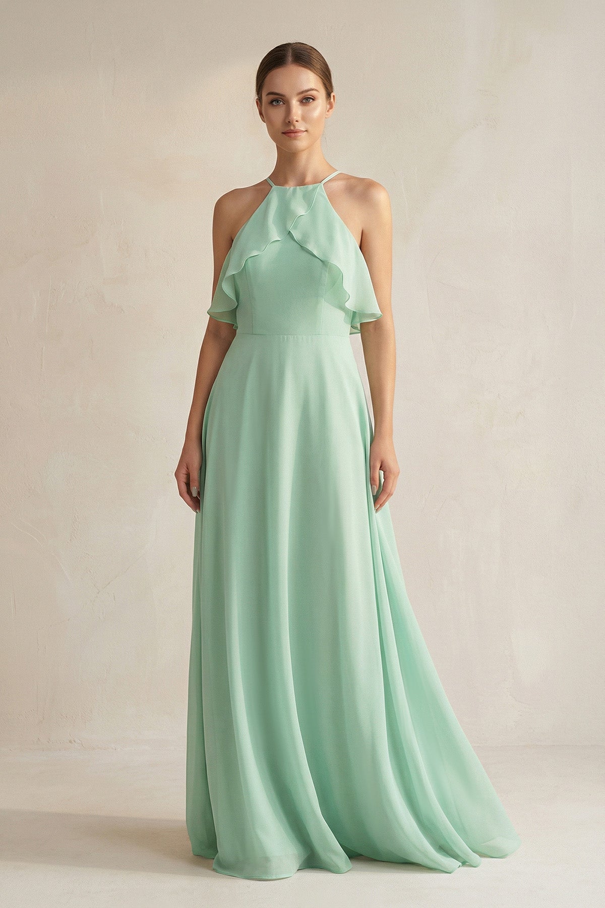 Robe demoiselle d’honneur pale pistachio longue dos nu sans manches effet drapé - Harana