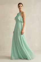 Robe demoiselle d’honneur pale pistachio longue dos nu sans manches effet drapé - Harana