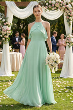 Robe demoiselle d’honneur pale pistachio longue dos nu sans manches effet drapé - Harana
