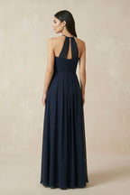 Robe demoiselle d’honneur bleu marine longue dos nu sans manches plissée - Harana