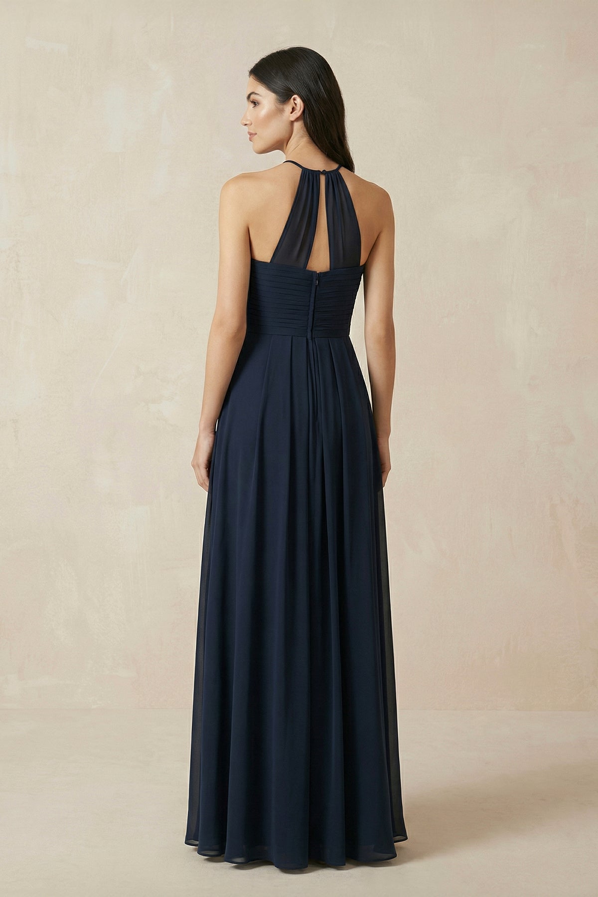 Robe demoiselle d’honneur bleu marine longue dos nu sans manches plissée - Harana