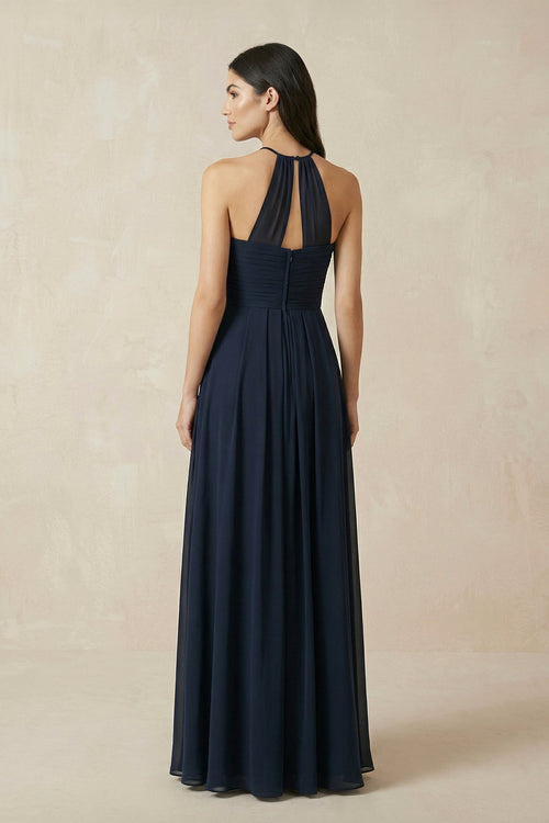 Robe de demoiselle d’honneur bleu marine longue en mousseline coupe trapèze à col licou plissée - Harana