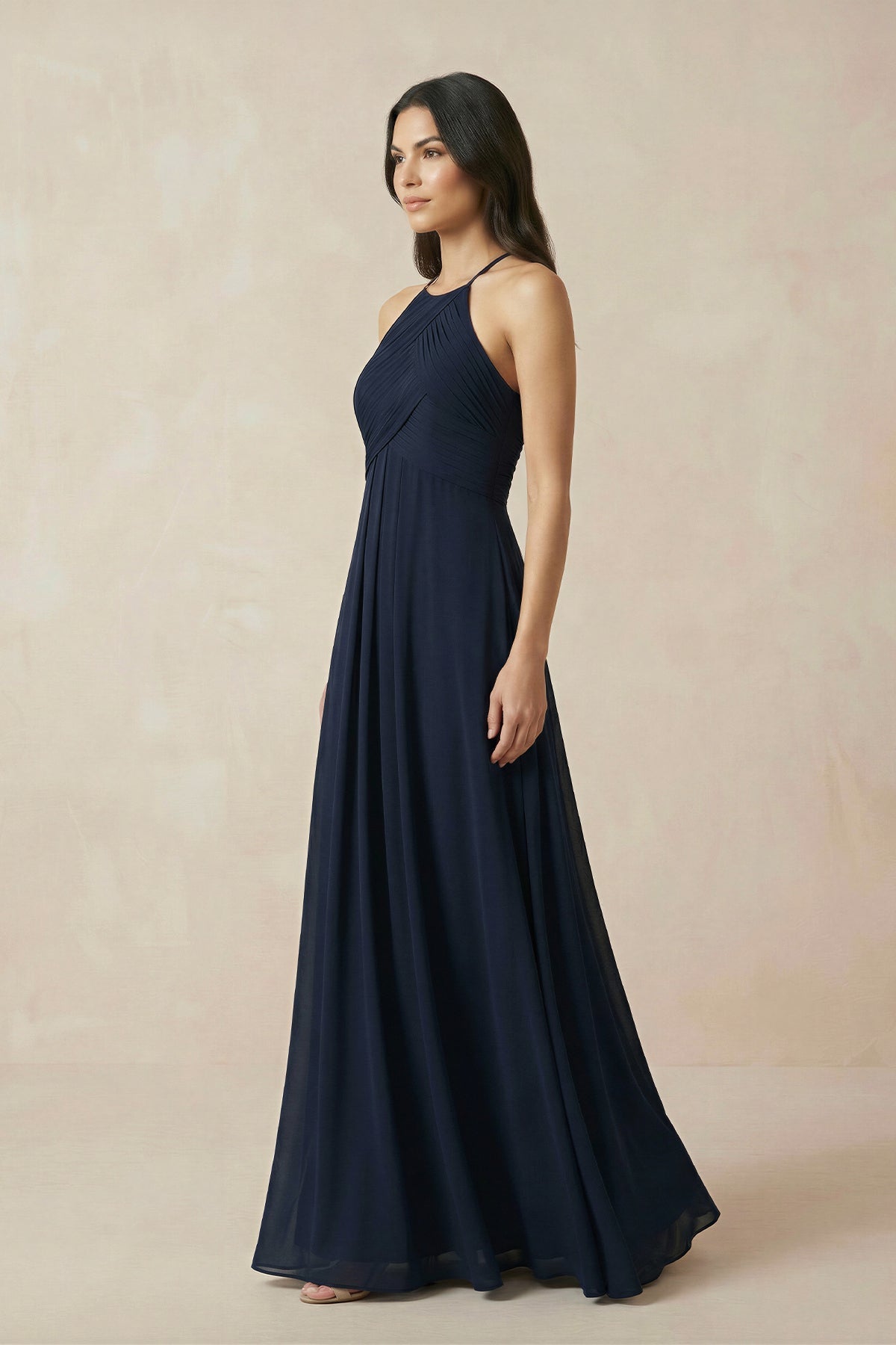 Robe demoiselle d’honneur bleu marine longue dos nu sans manches plissée - Harana