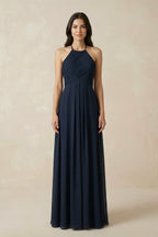 Robe demoiselle d’honneur bleu marine longue dos nu sans manches plissée - Harana