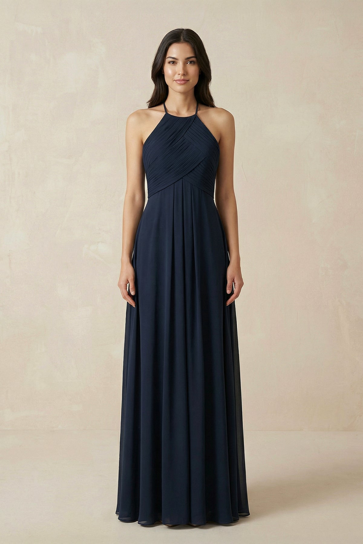 Robe demoiselle d’honneur bleu marine longue dos nu sans manches plissée - Harana
