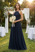 Robe demoiselle d’honneur bleu marine longue dos nu sans manches plissée - Harana