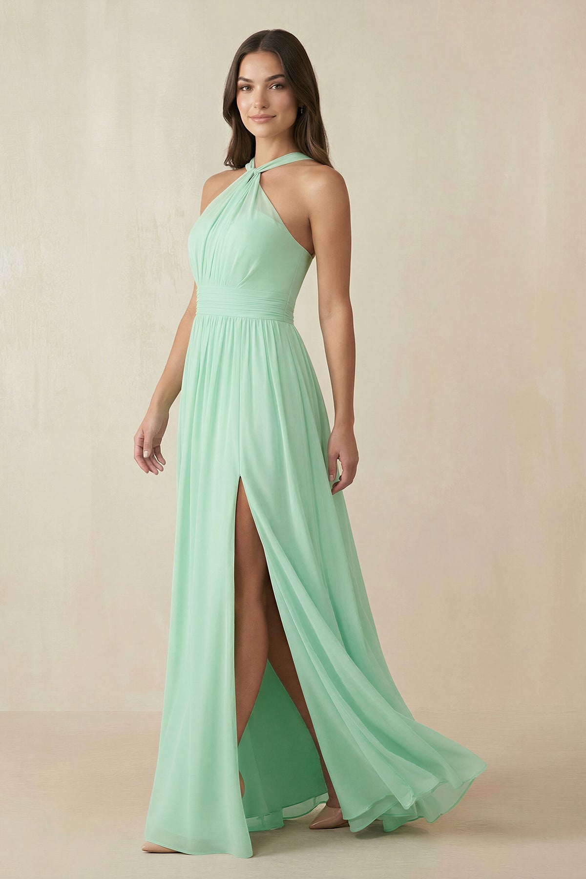 Robe demoiselle d’honneur pale pistachio longue dos nu sans manches avec fente - Harana