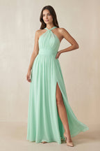 Robe demoiselle d’honneur pale pistachio longue dos nu sans manches avec fente - Harana