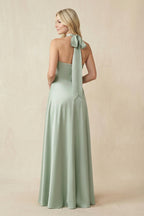 Robe demoiselle d’honneur vert sauge longue dos nu sans manches effet drapé - Harana