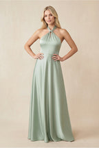 Robe demoiselle d’honneur vert sauge longue dos nu sans manches effet drapé - Harana