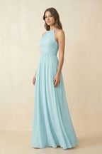 Robe demoiselle d’honneur bleu ciel longue dos nu sans manches plissée - Harana