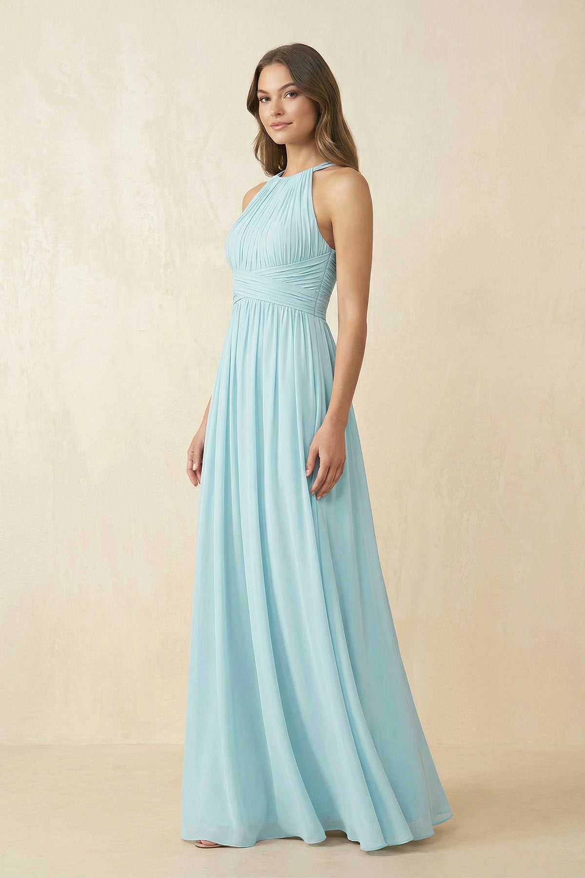 Robe demoiselle d’honneur bleu ciel longue dos nu sans manches plissée - Harana