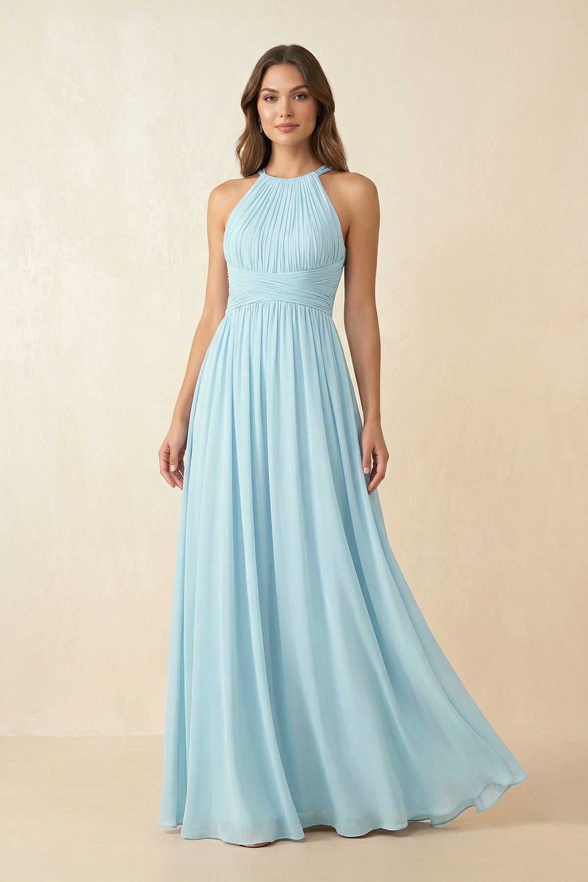 Robe demoiselle d’honneur bleu ciel longue dos nu sans manches plissée - Harana