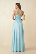 Robe demoiselle d’honneur bleu ciel longue dos nu sans manches plissée - Harana