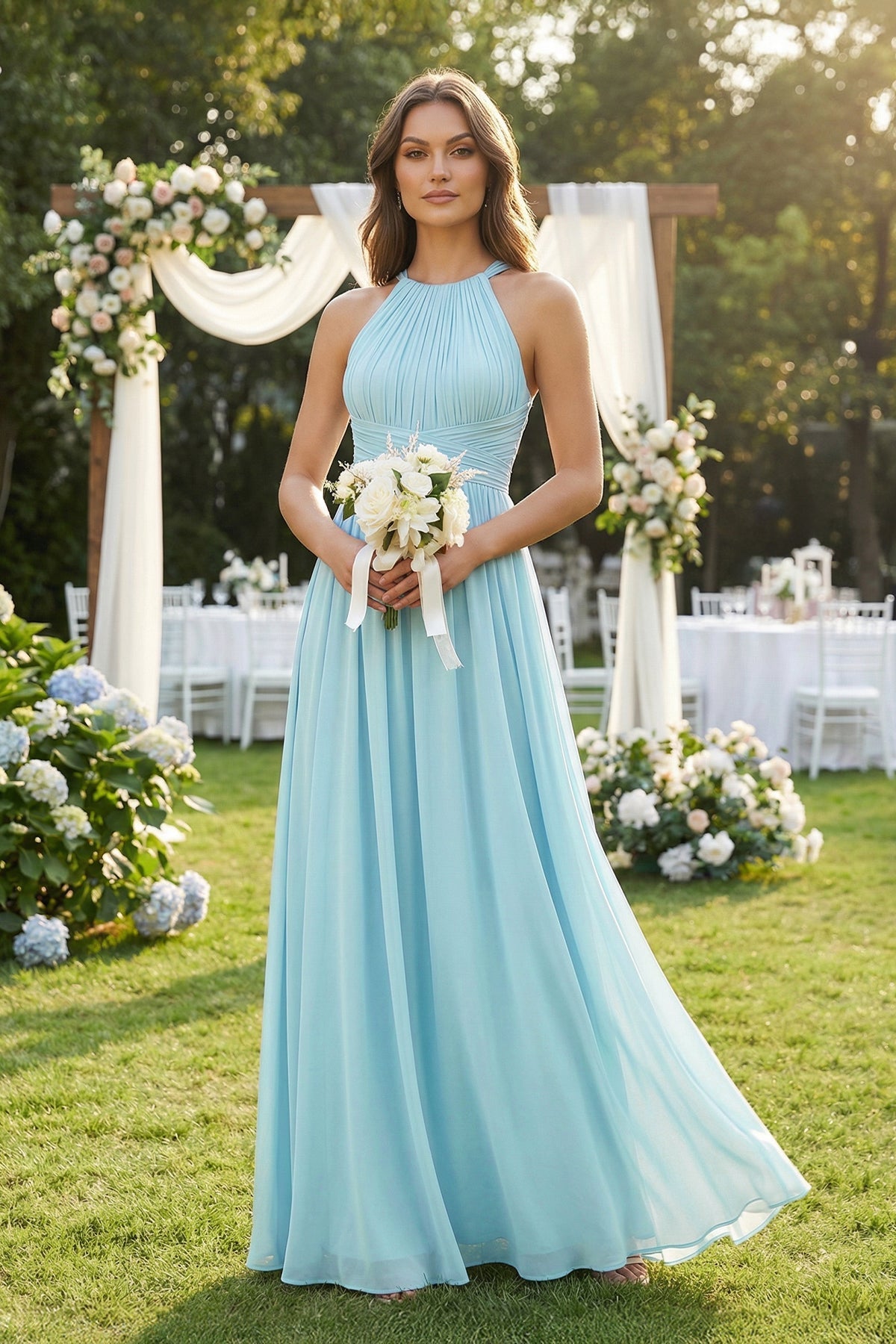 Robe demoiselle d’honneur bleu ciel longue dos nu sans manches plissée - Harana
